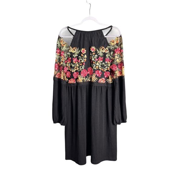 Boho Floral Embroidered Suzanne Betro Large Black Mesh Lace Flowy Blouson Dress - Picture 4 of 8